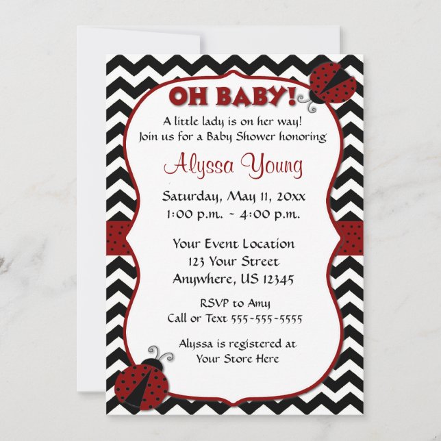 Invitación a Baby Shower de Black Chevron Ladybug (Anverso)