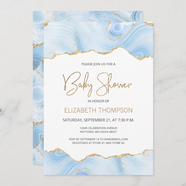 Invitación a Baby Shower de Blue Agate Gold Purpur (Anverso / Reverso)