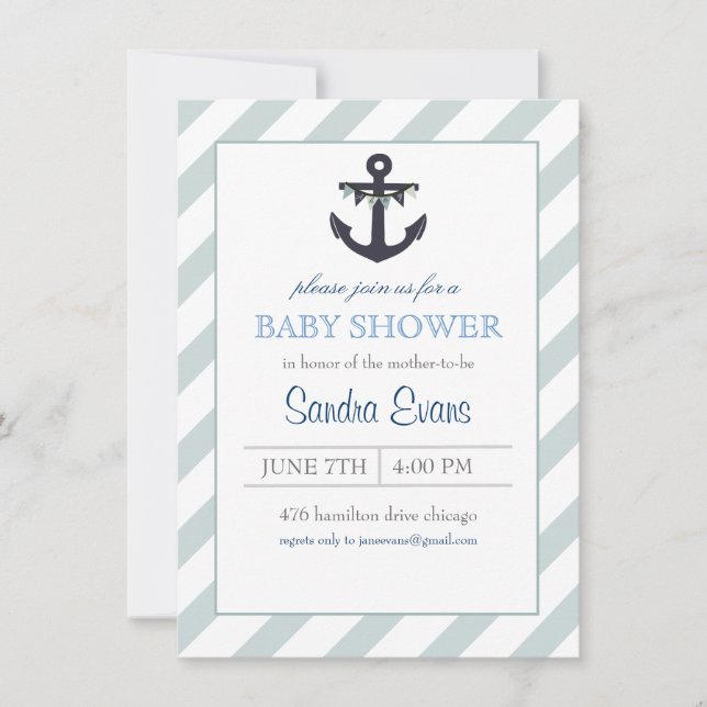 Invitación a Baby Shower de Blue Ahoy Anchor (Anverso)