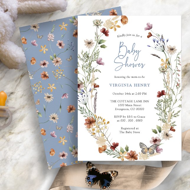 Invitación a Baby Shower de Blue Boho Wildflower (Dusty Blue Boho Wildflower Baby Shower Invitation with Butterfly by Painted Paperie
)