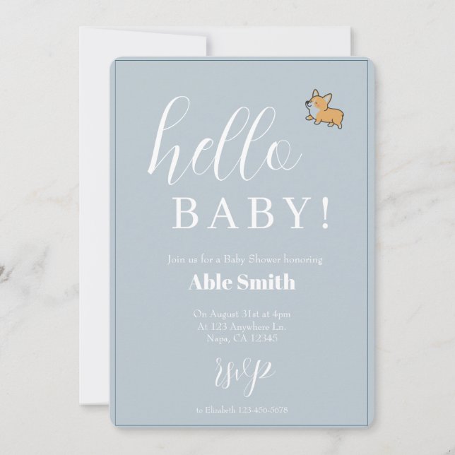 Invitación a Baby Shower de Blue Boy Corgi (Anverso)