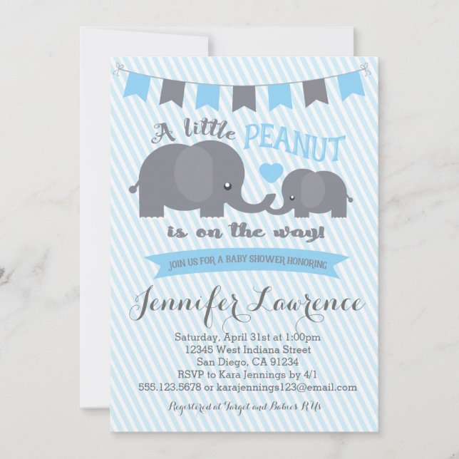 Invitación a Baby Shower de Blue Boy Peanut Elepha (Anverso)
