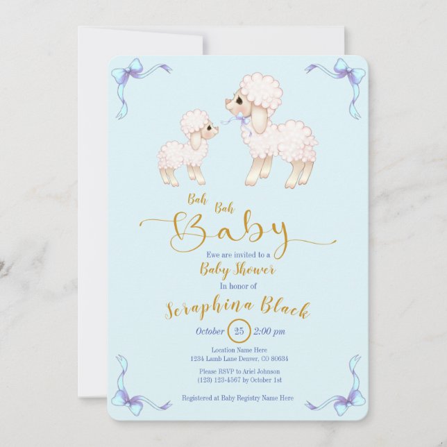 Invitación a Baby Shower de Blue Boy Ribbon Lamb (Anverso)
