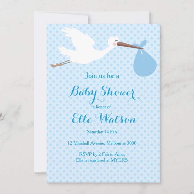 Invitación a Baby Shower de Blue Boy Stork (Anverso)