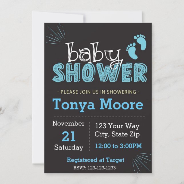 Invitación a Baby Shower de Blue Chalkboard (Anverso)