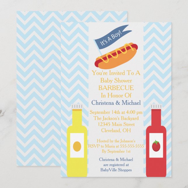 Invitación a Baby Shower de Blue Chevron Hotdog BB (Anverso / Reverso)
