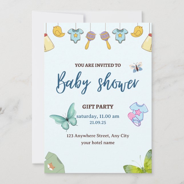 Invitación a Baby Shower de Blue Cute (Anverso)