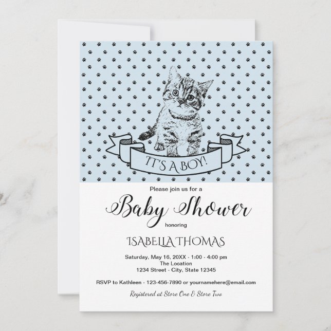 Invitación a Baby Shower de Blue Cute Kitten (Anverso)