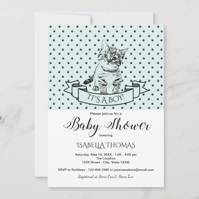 Invitación a Baby Shower de Blue Cute Kitten (Anverso)