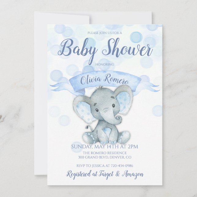 Invitación a Baby Shower de Blue Elephant Boy (Anverso)