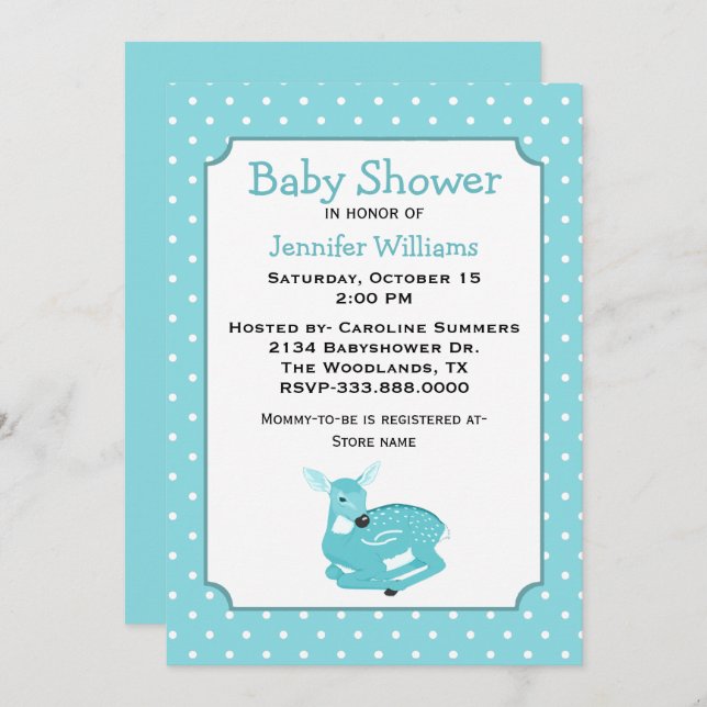 Invitación a Baby Shower de Blue Fawn (Anverso / Reverso)
