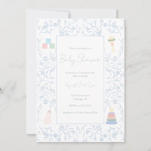 Invitación a Baby Shower de Blue Floral (Anverso)