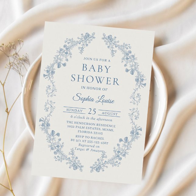 Invitación a Baby Shower de Blue Floral Chinoiseri (Subido por el creador)