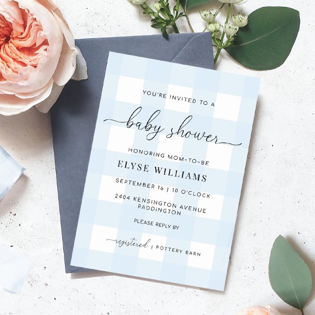 Invitación a Baby Shower de Blue Gingham (Baby Shower Invitation Blue Gingham Check)