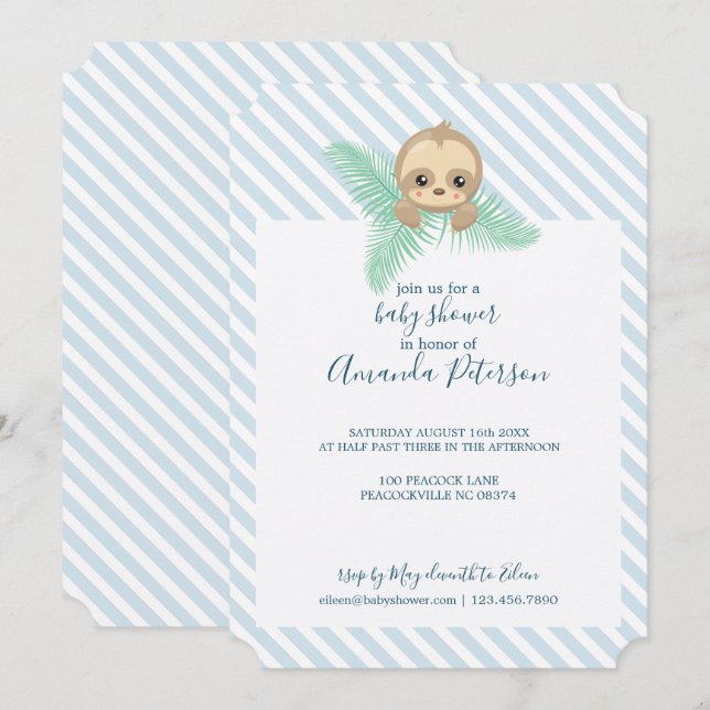 Invitación a Baby Shower de Blue Happy Baby Sloth (Anverso / Reverso)