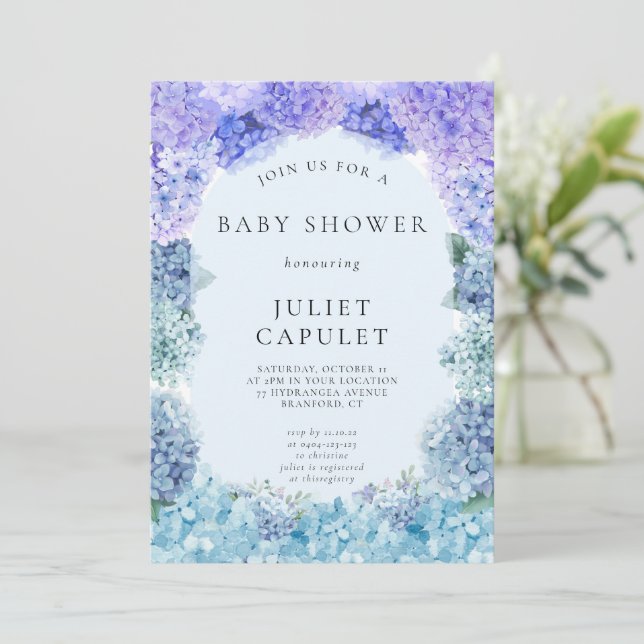 Invitación a Baby Shower de Blue Hydrangea (Anverso de pie)
