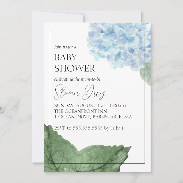 Invitación a Baby Shower de Blue Hydrangea (Anverso)