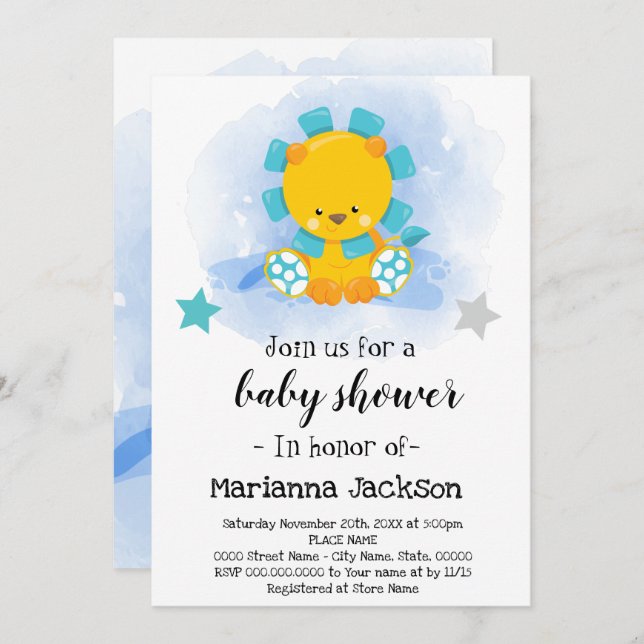Invitación a Baby Shower de Blue Lion (Anverso / Reverso)