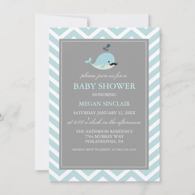 Invitación a Baby Shower de Blue Mustache Whale Bo (Anverso)