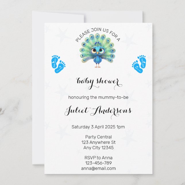 Invitación a Baby Shower de Blue Peacock (Anverso)
