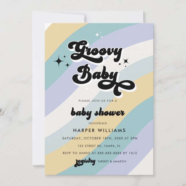 Invitación a Baby Shower de Blue Retro Groovy (Anverso)