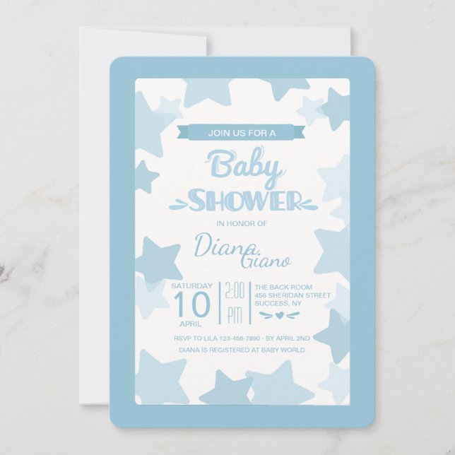 Invitación a Baby Shower de Blue Stars (Anverso)