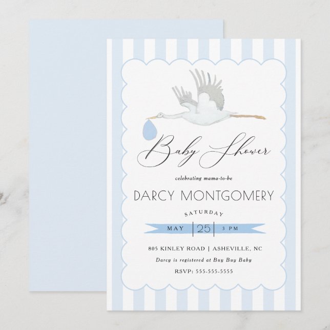 Invitación a Baby Shower de Blue Stork Boy (Anverso / Reverso)