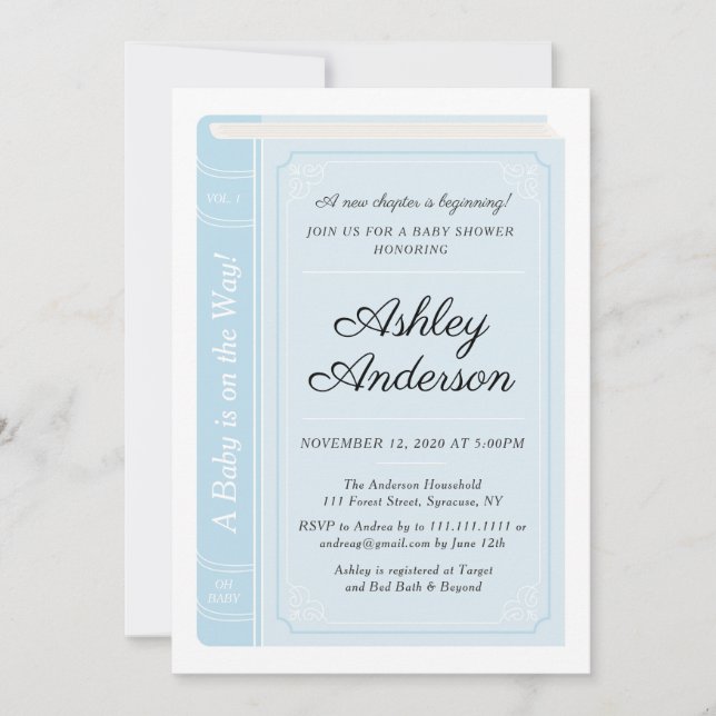 Invitación a Baby Shower de Blue Storybook (Anverso)