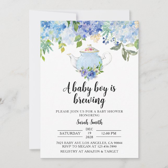 Invitación a Baby Shower de Blue Tea Fiesta (Anverso)