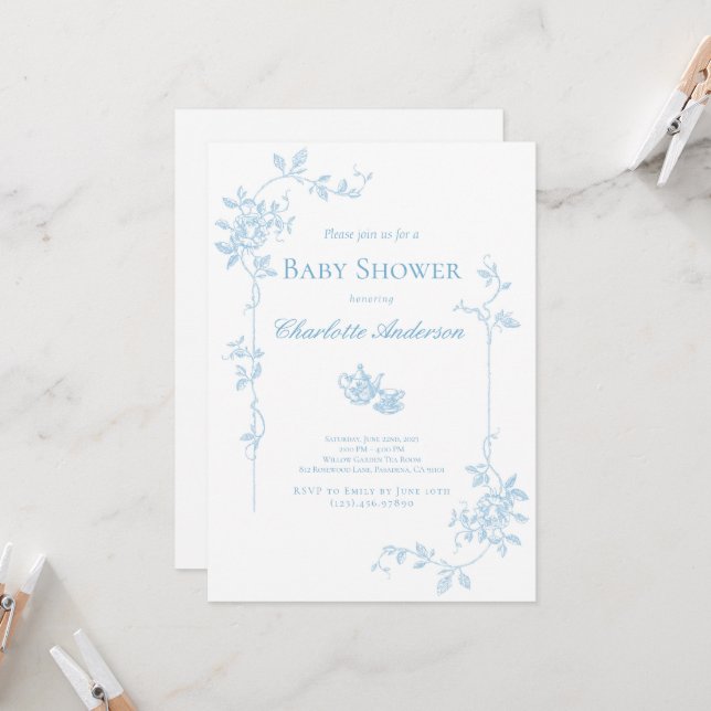 Invitación a Baby Shower de Blue Tea Fiesta (Anverso/Reverso In Situ)