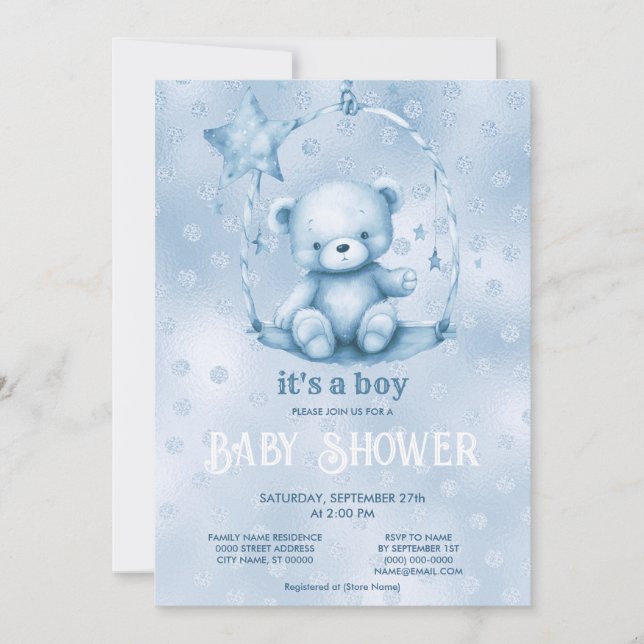 Invitación a Baby Shower de Blue Teddy Bear (Anverso)