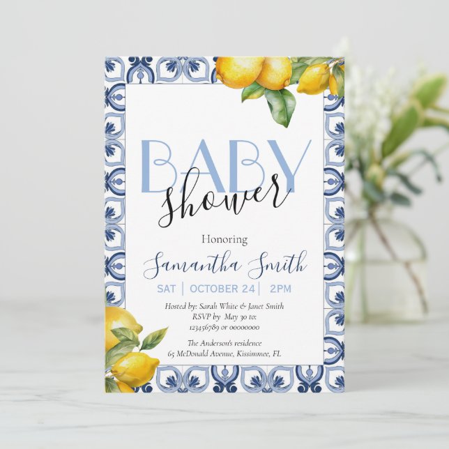 Invitación a Baby Shower de Blue Tile Lemon Italia (Anverso de pie)