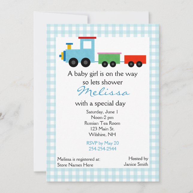Invitación a Baby Shower de Blue Toy Train (Anverso)