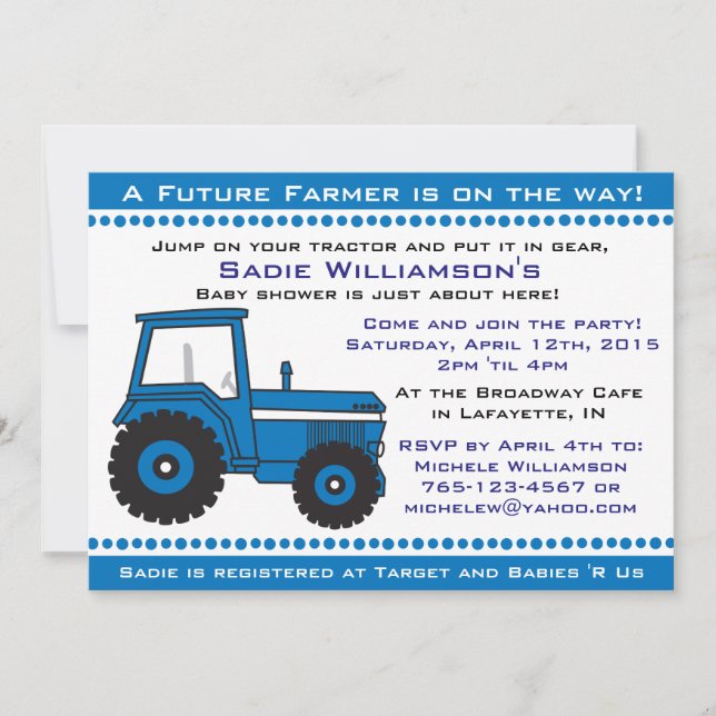 Invitación a Baby Shower de Blue Tractor (Anverso)