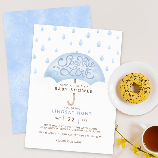Invitación a Baby Shower de Blue Umbrella Sprinkle (Blue Umbrella Sprinkle with Love Baby Shower Invite)