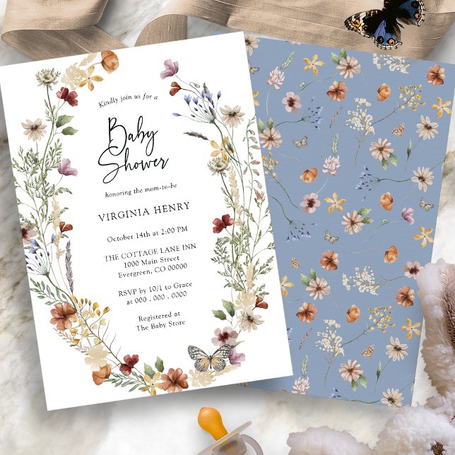 Invitación a Baby Shower de Blue Wildflower (Dusty Blue Wildflower Boho Baby Shower Invitation by Painted Paperie
)