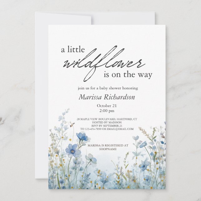 Invitación a Baby Shower de Blue Wildflower (Anverso)