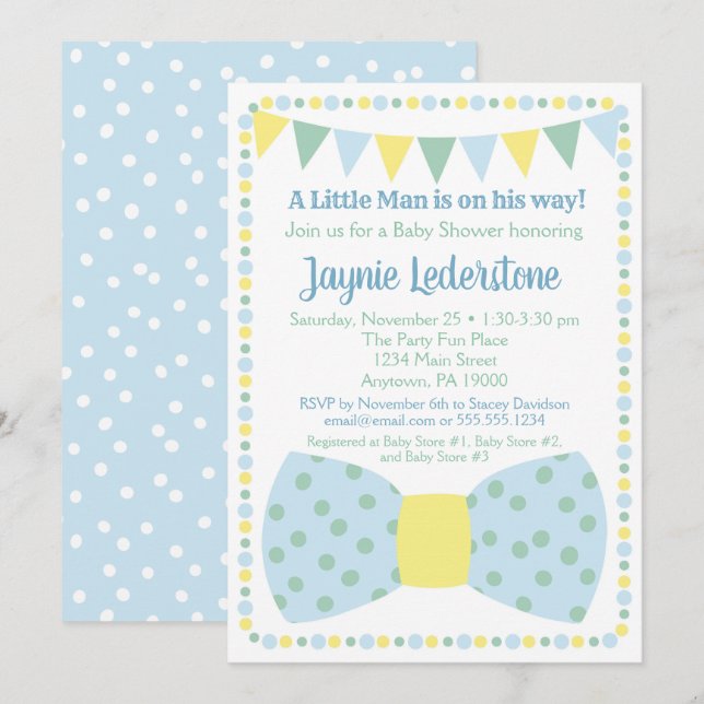 Invitación a Baby Shower de Blue Yellow Bow Tie (Anverso / Reverso)
