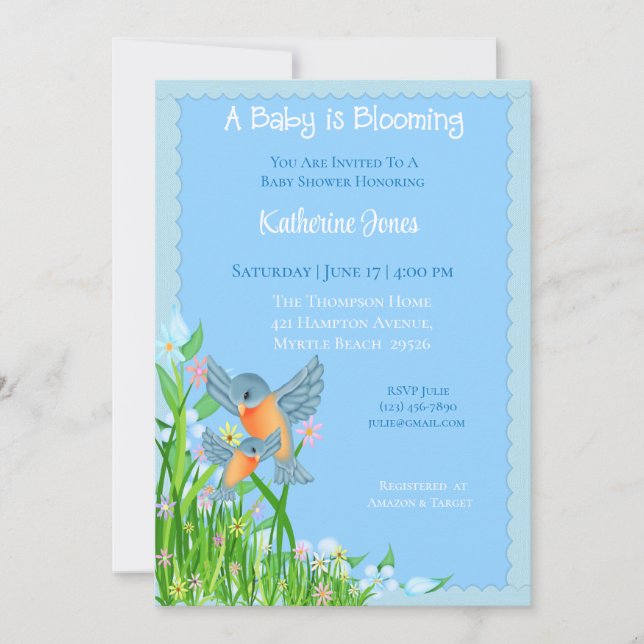 Invitación a Baby Shower de Bluebirds (Anverso)