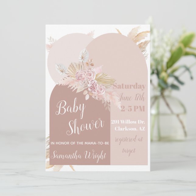 Invitación a Baby Shower de Boho Arch Pampas (Anverso de pie)