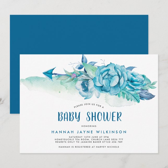 Invitación a Baby Shower de Boho Blue Watercolor F (Anverso / Reverso)