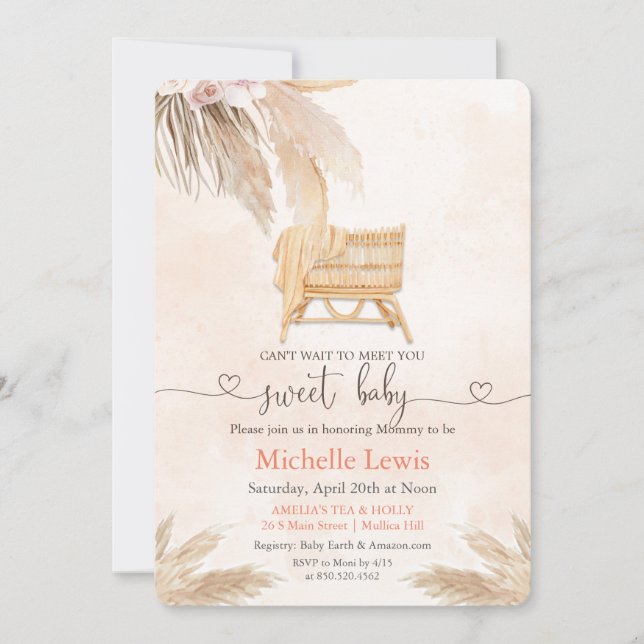 Invitación a Baby Shower de Boho Bohemian Pampas (Anverso)