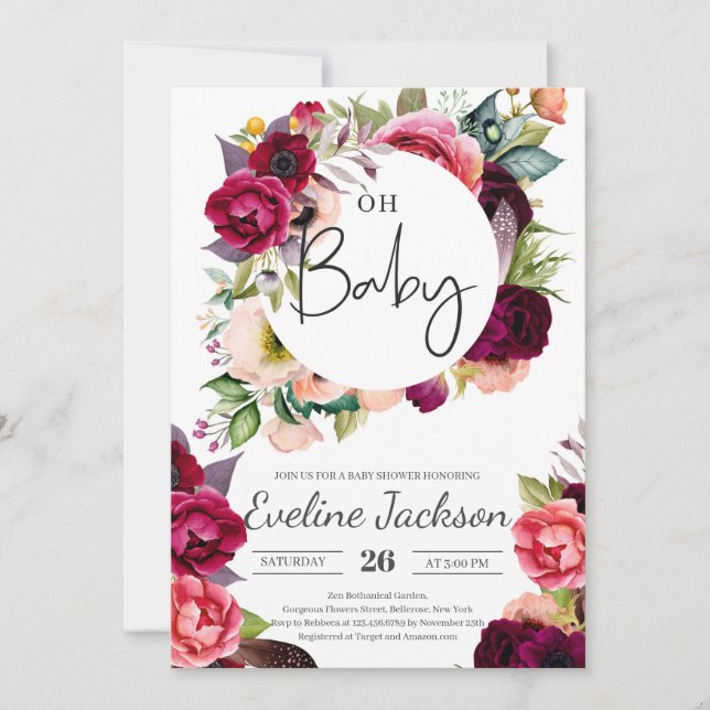 Invitación a Baby Shower de Boho Burgundy Maroon F (Anverso)