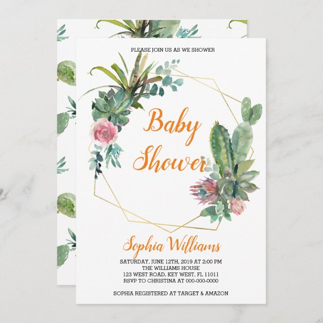 Invitación a Baby Shower de Boho Cactus (Anverso / Reverso)