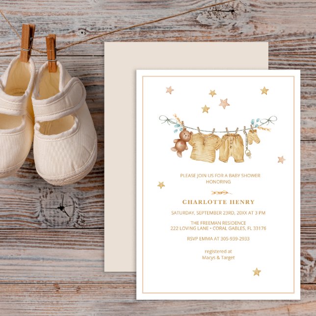Invitación a Baby Shower de Boho Clothesline (Watercolor clothesline Baby Shower Invitation)