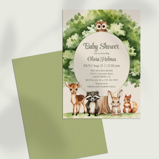 Invitación a Baby Shower de Boho Cute Woodland Ani (Boho Cute Woodland Animals Baby Shower Invitation against a neutral background.)
