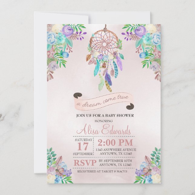 Invitación a Baby Shower de Boho Dreamcatcher (Anverso)