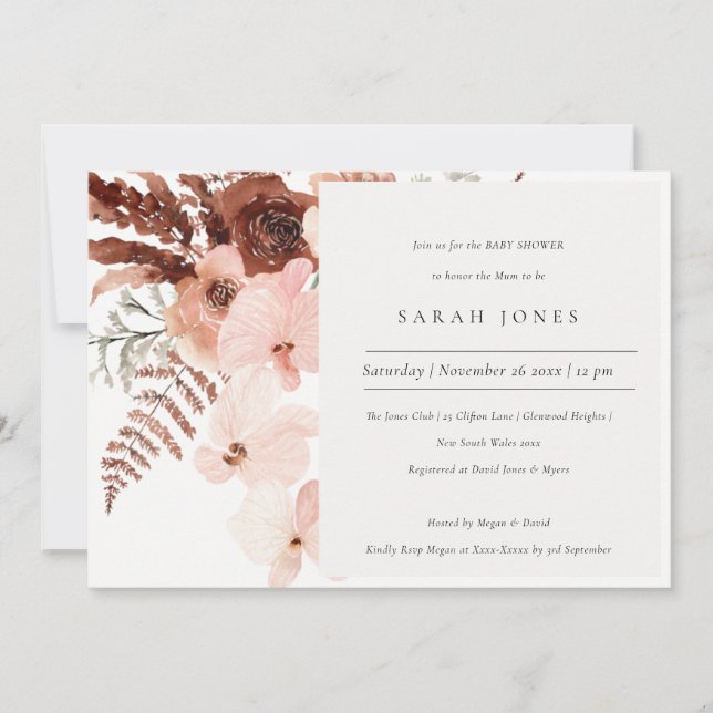 Invitación a Baby Shower de Boho Dried Rust Rubor  (Anverso)