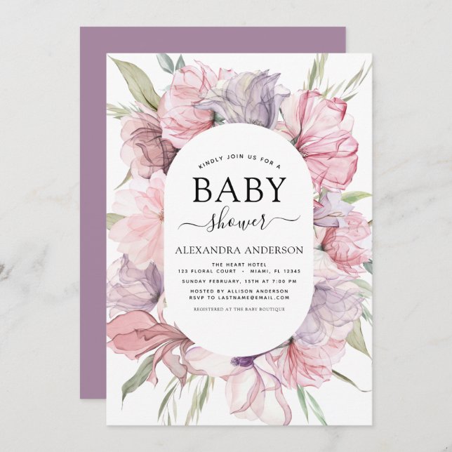 Invitación a Baby Shower de Boho Dusty Pink Purple (Anverso / Reverso)