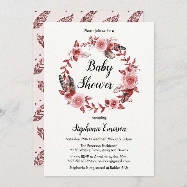 Invitación a Baby Shower de Boho Feather Burgundy  (Anverso / Reverso)
